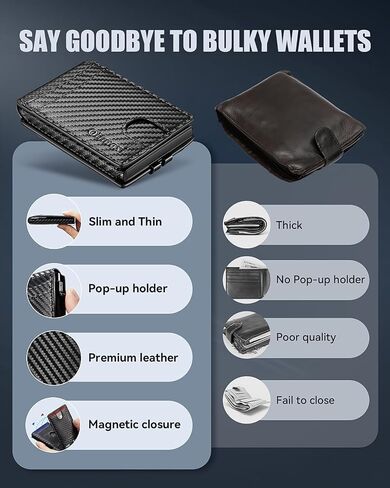 Wallet for Men, Slim Mens Wallet with Money Clip, Pop Up Card Case, RFID Blocking Bifold Wallets, Minimalist Leather Wallet Credit Card Holder with ID Window(Carbon Fiber) in Saudi Arabia
