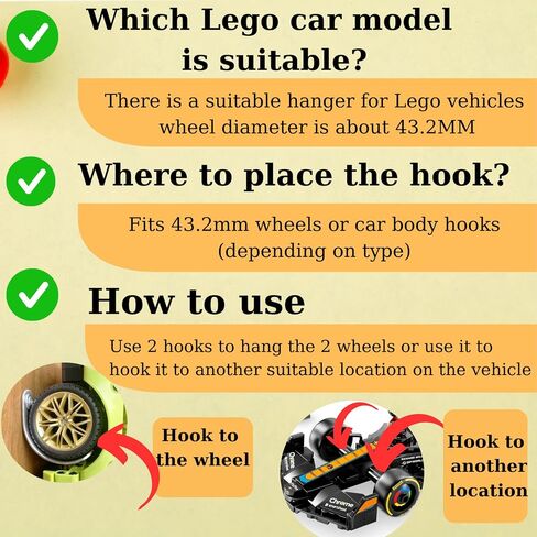 حامل حائط معدني لحامل سيارة Lego - قطر العجلة 0.94 بوصة / 24 مم، حامل حائط ممتاز للسيارة وعرض أبطال السرعة لسيارة Lego City Car، متوافق مع Lego Creator، سيارات Ford ذات عجلات معلقة in Saudi Arabia
