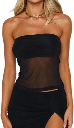 CSDAJIO Women's Sexy Sheer Mesh Tube Top Strapless Bandeau Tops See Through Going Out Crop Top in Saudi Arabia