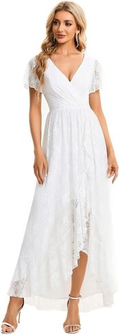 Ever-Pretty Women's Lace V Neck Ruffles Sleeves Pleated Empire Waist A-Line Maxi Formal Dresses 01489 in Saudi Arabia
