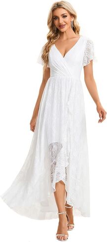 Ever-Pretty Women's Lace V Neck Ruffles Sleeves Pleated Empire Waist A-Line Maxi Formal Dresses 01489 in Saudi Arabia
