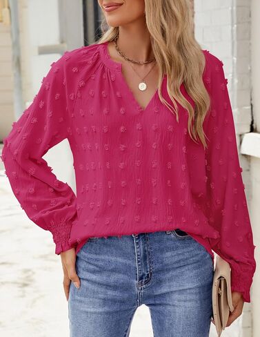 ZESICA Womens Fall Fashion 2024 Blouses Loose Long Sleeve Business Casual Shirts V Neck Trendy Tops in Saudi Arabia
