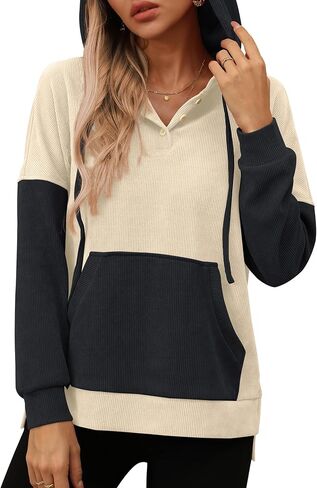 LILBETTER Womens Long Sleeve Pullover Hoodies Drawstring Sweatshirt Fall Knit Ribbed Tops with Pocket in Saudi Arabia