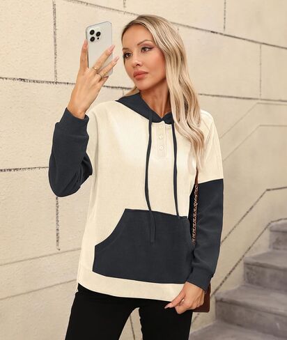 LILBETTER Womens Long Sleeve Pullover Hoodies Drawstring Sweatshirt Fall Knit Ribbed Tops with Pocket in Saudi Arabia