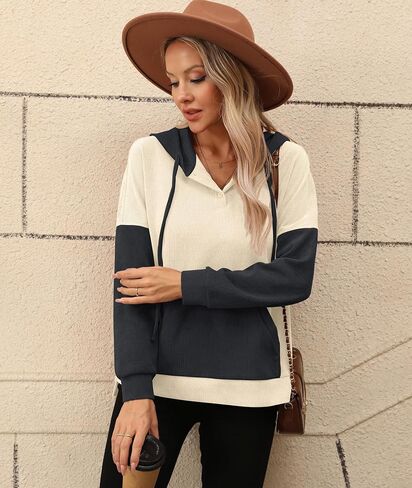LILBETTER Womens Long Sleeve Pullover Hoodies Drawstring Sweatshirt Fall Knit Ribbed Tops with Pocket in Saudi Arabia