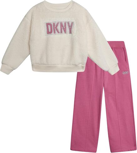 بدلة رياضية للفتيات من DKNY - قطعتين من سويت شيرت بغطاء للرأس من صوف الشيربا وبنطلون رياضي - طقم سراويل رياضية للبنات، 7-12 in Kuwait