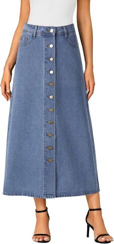 Vrtige Women's Casual Button Down High Waisted A Line Jean Midi Long Denim Skirt with Pockets in Saudi Arabia