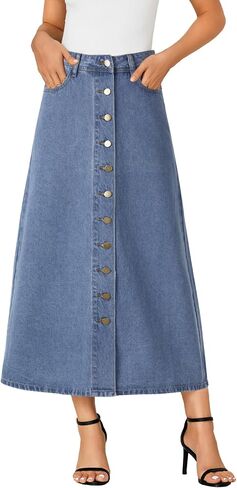 Vrtige Women's Casual Button Down High Waisted A Line Jean Midi Long Denim Skirt with Pockets in Saudi Arabia