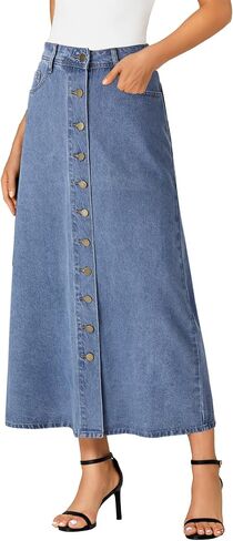 Vrtige Women's Casual Button Down High Waisted A Line Jean Midi Long Denim Skirt with Pockets in Saudi Arabia