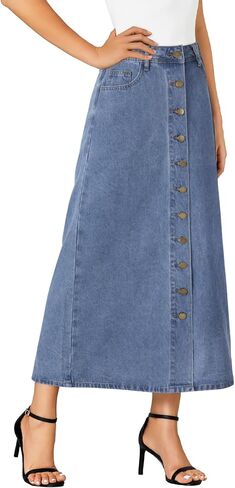 Vrtige Women's Casual Button Down High Waisted A Line Jean Midi Long Denim Skirt with Pockets in Saudi Arabia