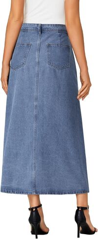 Vrtige Women's Casual Button Down High Waisted A Line Jean Midi Long Denim Skirt with Pockets in Saudi Arabia