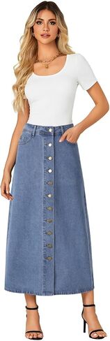 Vrtige Women's Casual Button Down High Waisted A Line Jean Midi Long Denim Skirt with Pockets in Saudi Arabia