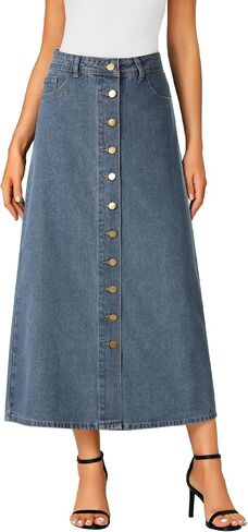 Vrtige Women's Casual Button Down High Waisted A Line Jean Midi Long Denim Skirt with Pockets in Saudi Arabia