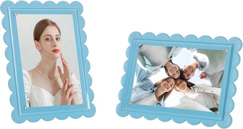 2-Pack 5x7 Blue Acrylic Scalloped Picture Frame,Magnetic Closure,Dual Kickstand Holes Vertical Horizontal Display,Multi-Use Desk Magnetic Photo Frames for Office and Home in Saudi Arabia