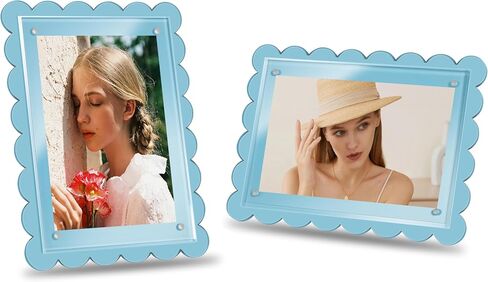 2-Pack 5x7 Blue Acrylic Scalloped Picture Frame,Magnetic Closure,Dual Kickstand Holes Vertical Horizontal Display,Multi-Use Desk Magnetic Photo Frames for Office and Home in Saudi Arabia