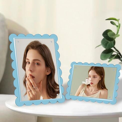 2-Pack 5x7 Blue Acrylic Scalloped Picture Frame,Magnetic Closure,Dual Kickstand Holes Vertical Horizontal Display,Multi-Use Desk Magnetic Photo Frames for Office and Home in Saudi Arabia