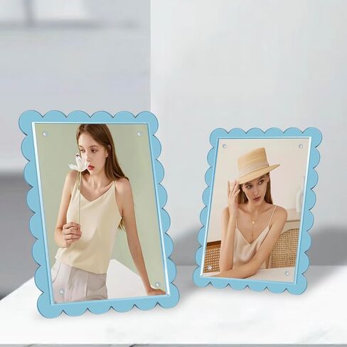 2-Pack 5x7 Blue Acrylic Scalloped Picture Frame,Magnetic Closure,Dual Kickstand Holes Vertical Horizontal Display,Multi-Use Desk Magnetic Photo Frames for Office and Home in Saudi Arabia