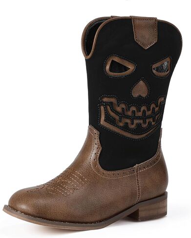 PANDANINJIA Girls Cowboy Boots For Boys Kids Toddler Western Mid Calf Cowgirl Boots Riding Shoes With Halloween Skull Element Booties in Saudi Arabia