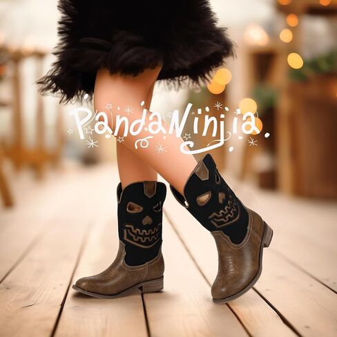 PANDANINJIA Girls Cowboy Boots For Boys Kids Toddler Western Mid Calf Cowgirl Boots Riding Shoes With Halloween Skull Element Booties in Saudi Arabia