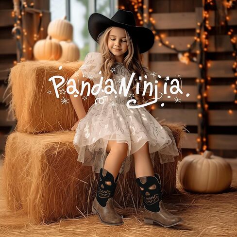 PANDANINJIA Girls Cowboy Boots For Boys Kids Toddler Western Mid Calf Cowgirl Boots Riding Shoes With Halloween Skull Element Booties in Saudi Arabia