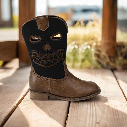 PANDANINJIA Girls Cowboy Boots For Boys Kids Toddler Western Mid Calf Cowgirl Boots Riding Shoes With Halloween Skull Element Booties in Saudi Arabia