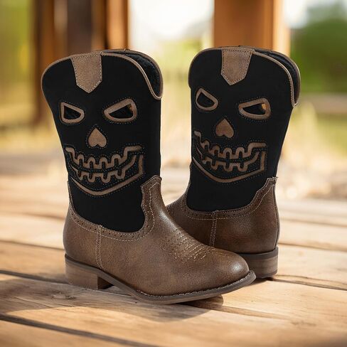 PANDANINJIA Girls Cowboy Boots For Boys Kids Toddler Western Mid Calf Cowgirl Boots Riding Shoes With Halloween Skull Element Booties in Saudi Arabia