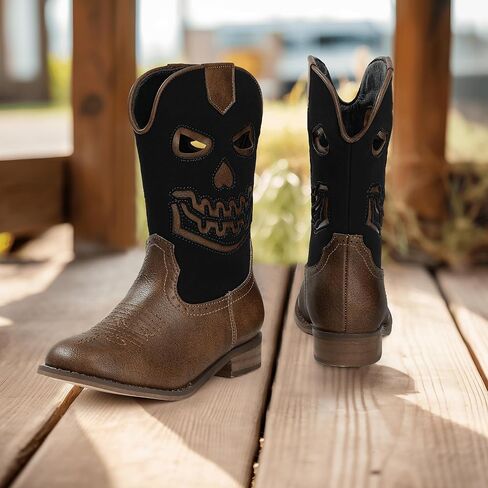 PANDANINJIA Girls Cowboy Boots For Boys Kids Toddler Western Mid Calf Cowgirl Boots Riding Shoes With Halloween Skull Element Booties in Saudi Arabia