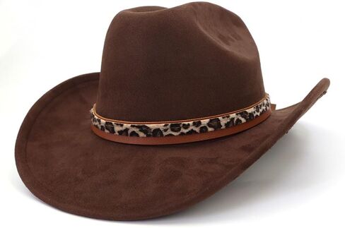 قبعة رعاة البقر الكلاسيكية من جلد الغزال للكبار واسعة حافة قبعة راعية البقر الغربية قبعة فيدورا للنساء مع شريط قبعة بطبعة الفهد in Kuwait