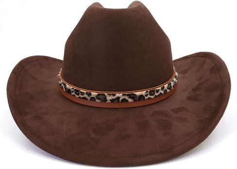 قبعة رعاة البقر الكلاسيكية من جلد الغزال للكبار واسعة حافة قبعة راعية البقر الغربية قبعة فيدورا للنساء مع شريط قبعة بطبعة الفهد in Kuwait