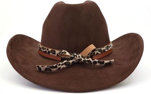 قبعة رعاة البقر الكلاسيكية من جلد الغزال للكبار واسعة حافة قبعة راعية البقر الغربية قبعة فيدورا للنساء مع شريط قبعة بطبعة الفهد in Kuwait