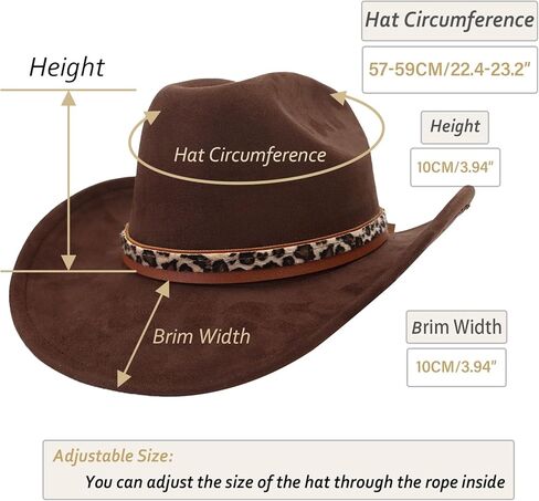 قبعة رعاة البقر الكلاسيكية من جلد الغزال للكبار واسعة حافة قبعة راعية البقر الغربية قبعة فيدورا للنساء مع شريط قبعة بطبعة الفهد in Kuwait