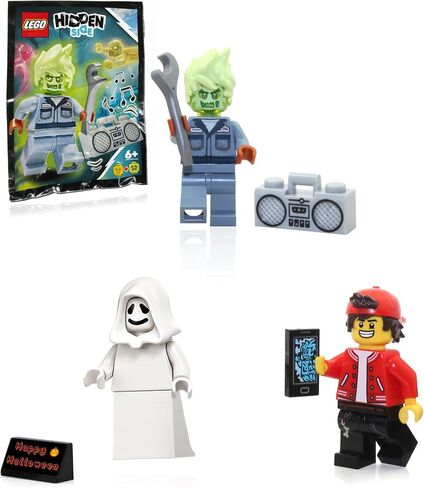 مجموعة مجسمات صغيرة من LEGO Hidden Side - جاك ديفيدز (قبعة خلفية)، زومبي ميكانيكي مسكون (سكوت فرانسيس) برأس بديل، وشبح بغطاء رأس أبيض وعرض الهالوين in Saudi Arabia