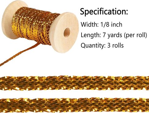 Gold Thin Ribbon 1/8 inch Metallic Braided Double Faced Curling Balloon String Ribbons for Crafts Gift Wrapping Hair Party Wedding Christmas Ornaments Tag Decoration 7 Yard x 3 Rolls in Saudi Arabia