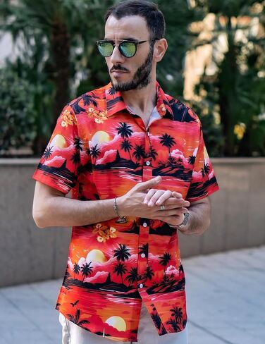 قمصان هاواي رجالي من COOFANDY بأكمام قصيرة وأزرار سفلية قميص Aloha ملابس كاجوال للشاطئ in Kuwait