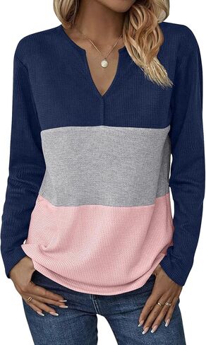 Zeagoo Women's Waffle Shirts V Neck Long Sleeve Tops Color Block T-Shirts Casual Tunics 2024 Fashion Basic Tees in Saudi Arabia
