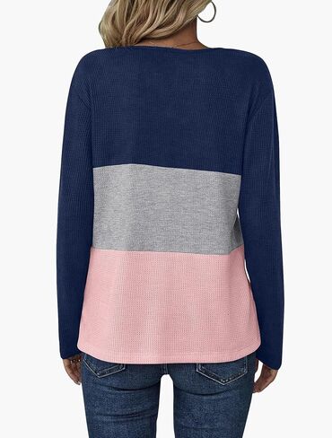 Zeagoo Women's Waffle Shirts V Neck Long Sleeve Tops Color Block T-Shirts Casual Tunics 2024 Fashion Basic Tees in Saudi Arabia