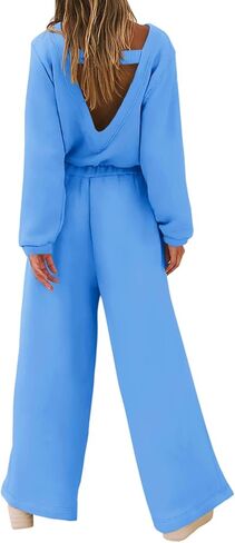 Yousify Women Trendy Rompers 2024 Fall Wide Leg Long Sleeve Jumpsuits Casual Sweatshirt One-Piece Outfit Backless Cutout in Kuwait