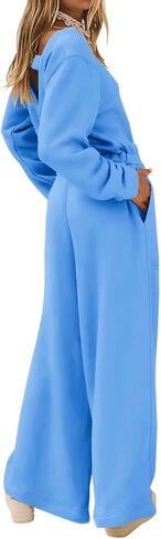 Yousify Women Trendy Rompers 2024 Fall Wide Leg Long Sleeve Jumpsuits Casual Sweatshirt One-Piece Outfit Backless Cutout in Kuwait
