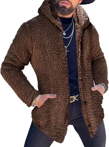 Runcati Mens Fuzzy Sherpa Hoodie Long Sleeve Button Down Fleece Jackets Casual Winter Hooded Sweatshirt in Saudi Arabia