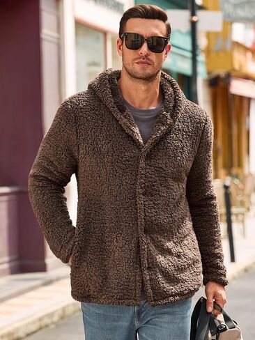 Runcati Mens Fuzzy Sherpa Hoodie Long Sleeve Button Down Fleece Jackets Casual Winter Hooded Sweatshirt in Saudi Arabia