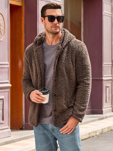 Runcati Mens Fuzzy Sherpa Hoodie Long Sleeve Button Down Fleece Jackets Casual Winter Hooded Sweatshirt in Saudi Arabia