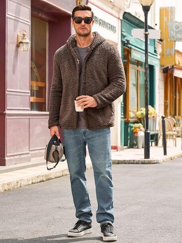 Runcati Mens Fuzzy Sherpa Hoodie Long Sleeve Button Down Fleece Jackets Casual Winter Hooded Sweatshirt in Saudi Arabia