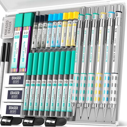 Nicpro 36PCS Blocky Gear Mechanical Pencil Set with Case, Metal Mechanical Pencils 0.3, 0.5, 0.7, 0.9, 2mm Lead Holder for Art Drawing Sketching with 21 Tubes (6B 4B 2B HB 2H 4H Colors) Lead Refills in Saudi Arabia