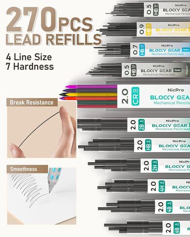 Nicpro 36PCS Blocky Gear Mechanical Pencil Set with Case, Metal Mechanical Pencils 0.3, 0.5, 0.7, 0.9, 2mm Lead Holder for Art Drawing Sketching with 21 Tubes (6B 4B 2B HB 2H 4H Colors) Lead Refills in Saudi Arabia