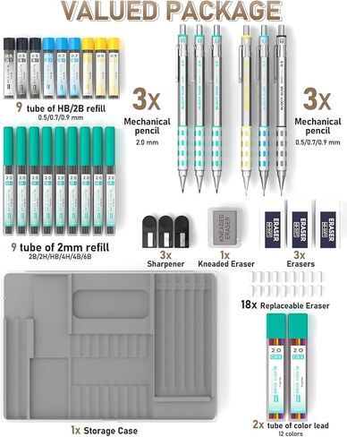 Nicpro 36PCS Blocky Gear Mechanical Pencil Set with Case, Metal Mechanical Pencils 0.3, 0.5, 0.7, 0.9, 2mm Lead Holder for Art Drawing Sketching with 21 Tubes (6B 4B 2B HB 2H 4H Colors) Lead Refills in Saudi Arabia