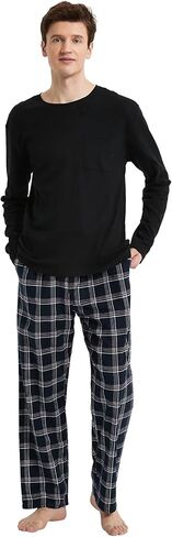 amaxer Men's Pajama Set 100% Cotton Flannel Plaid Pants Crew Neck Top Long Sleeves Pjs Elastic High Waist Sleepwear in Saudi Arabia