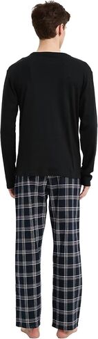 amaxer Men's Pajama Set 100% Cotton Flannel Plaid Pants Crew Neck Top Long Sleeves Pjs Elastic High Waist Sleepwear in Saudi Arabia