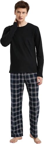amaxer Men's Pajama Set 100% Cotton Flannel Plaid Pants Crew Neck Top Long Sleeves Pjs Elastic High Waist Sleepwear in Saudi Arabia