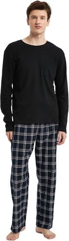 amaxer Men's Pajama Set 100% Cotton Flannel Plaid Pants Crew Neck Top Long Sleeves Pjs Elastic High Waist Sleepwear in Saudi Arabia