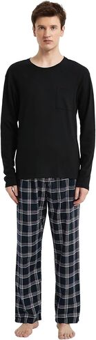 amaxer Men's Pajama Set 100% Cotton Flannel Plaid Pants Crew Neck Top Long Sleeves Pjs Elastic High Waist Sleepwear in Saudi Arabia